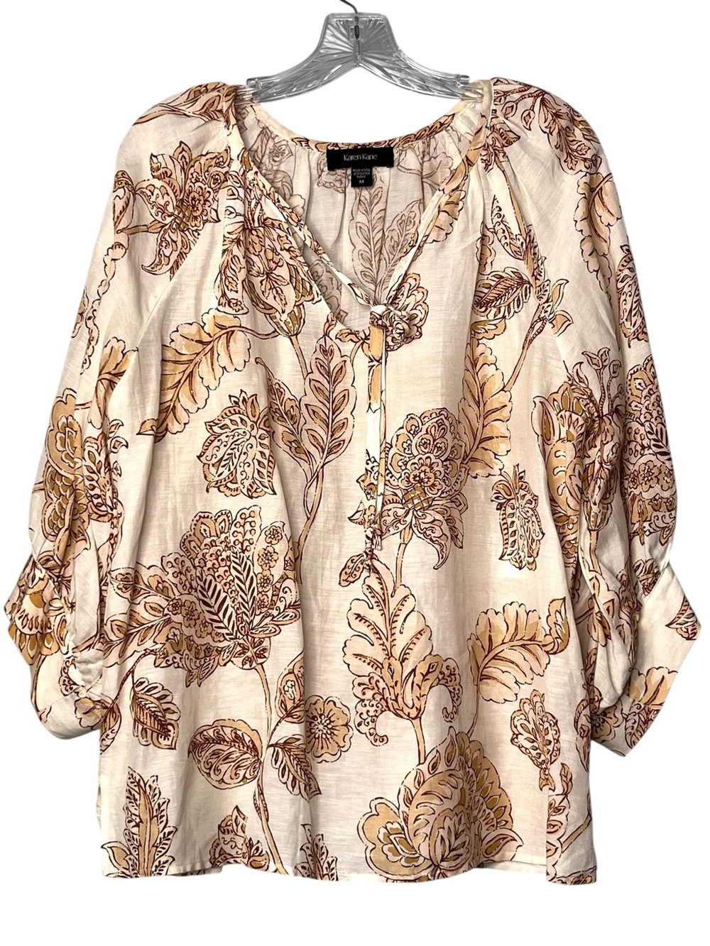 Karen Kane Tan Ivory Palm Leaf Floral Linen Blend Balloon Sleeve Peasant Top M